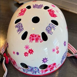 Micro Kids Helmet, size 48-53cm, white with pink, purple, red flowers/elephants.